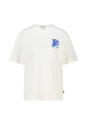 T-shirt blanc à manches courtes avec un motif d'art abstrait bleu et le texte « Par Matisse » sur le côté gauche de la poitrine. Col rond simple.