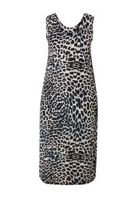 Robe sans manches à imprimé léopard avec un col rond, un tissu lisse et une longueur genou dans des tons beiges, noirs et gris.