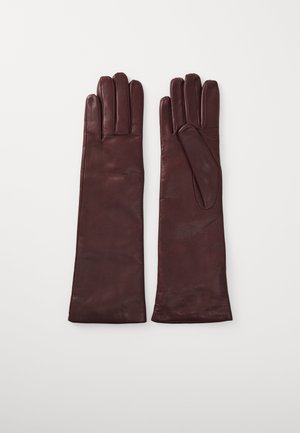 Lange burgunderfarbene Lederhandschuhe mit glatter Textur und genähten Details, ausgestattet mit fünf Fingern und einem taillierten Design.