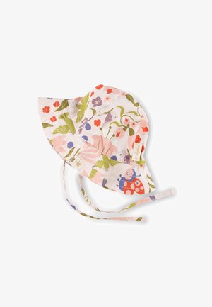Blumenmuster Bucket Hat mit rosa Hintergrund, versehen mit grünen Blättern, verschiedenen bunten Blumen sowie verspielten Marienkäfer- und Charakterdesigns.