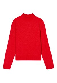 Pull en tricot rouge avec un col montant côtelé, des manches longues et un ourlet court. La texture semble douce et lisse avec un léger éclat.