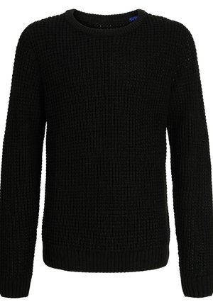Schwarzer Strickpullover mit Rundhalsausschnitt, strukturiertem Waffelmuster sowie gerippten Bündchen und Saum. Klassische Passform und einfarbiges Design.