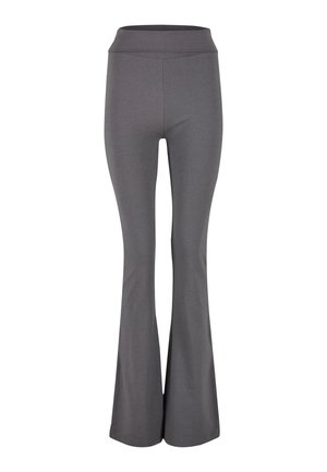 Grijze flared broek gemaakt van een zachte, rekbare stof. Kenmerkt zich door een hoge tailleband en een gladde textuur zonder aanvullende patronen of accenten.