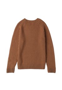 Bruine geribde sweater met een ronde halslijn en lange mouwen, met een gebreid textuurpatroon en een aansluitende tailleband.
