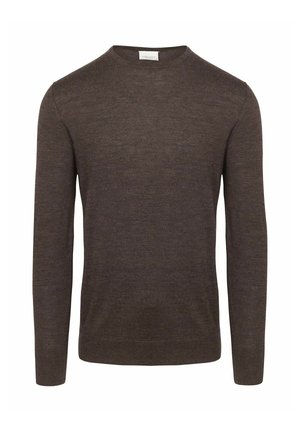 Long-sleeve, plain dark brown crew neck sweater with ribbed cuffs and hem, displayed on a white background.