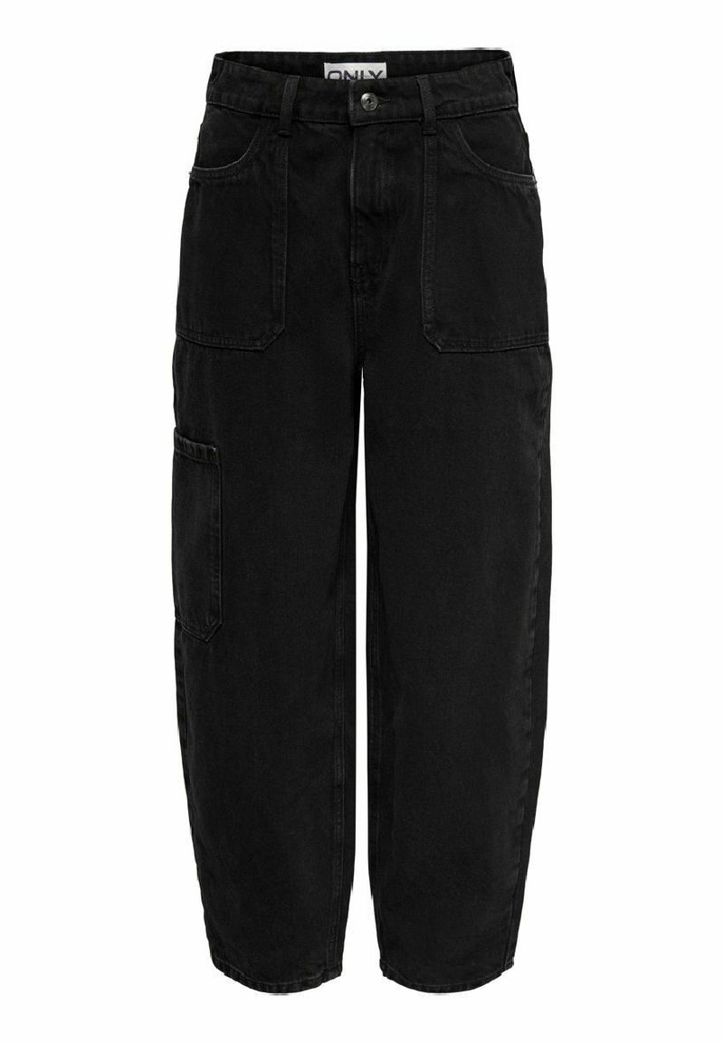 Pantalon noir à jambes larges avec taille haute, passants pour ceinture, bouton devant, deux poches avant et une poche cargo latérale sur la jambe gauche.
