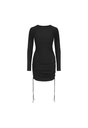 Rochie lungă neagră cu mâneci lungi din material cu dungi, având un design drapat, șnururi ajustabile la tiv și o siluetă ajustată.