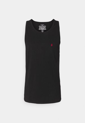 Czarny bawełniany top na ramiączkach z okrągłym dekoltem i małym czerwonym logo. Lekki, miękki w dotyku; ma prosty krój i brak rękawów.