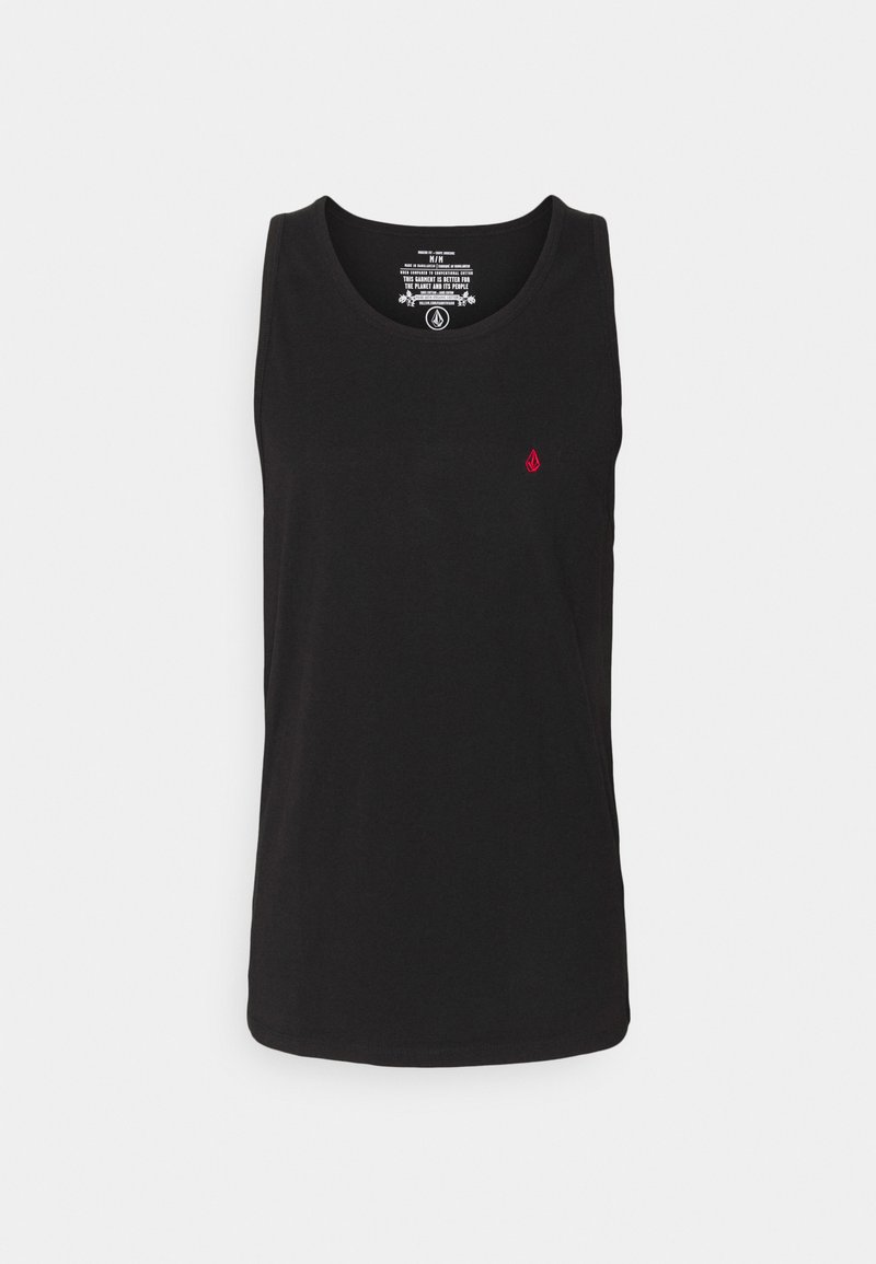 Schwarzes Baumwoll-Top mit rundem Halsausschnitt und einem kleinen roten Logoakzent. Leicht, weiche Textur; gerade geschnitten und ohne Ärmel.