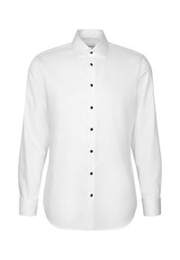 Chemise blanche à manches longues avec boutons noirs, col pointu et poignets boutonnés, vue de face sur fond blanc.