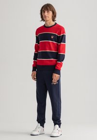 Gestreifter Pullover in Rot und Marineblau mit Rundhalsausschnitt und Emblem, kombiniert mit Marineblauen Jogginghosen mit besticktem Logo und weißen Sneakers.