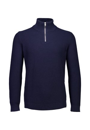 Marineblaues langärmliges Strickpullover mit Halb-Reißverschluss-Kragen sowie gerippten Bündchen und Saum, auf einem weißen Hintergrund präsentiert.