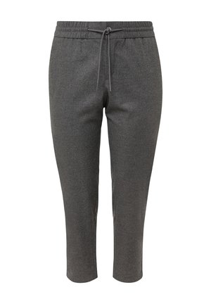 Dunkelgraue, schmal zulaufende Hose mit elastischem Bund und verstellbarem Kordelzug, knöchellang, aus weichem Stoff.