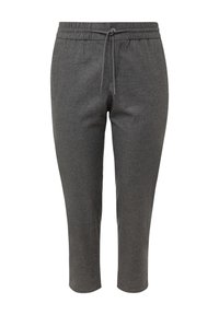 Dunkelgraue, schmal zulaufende Hose mit elastischem Bund und verstellbarem Kordelzug, knöchellang, aus weichem Stoff.
