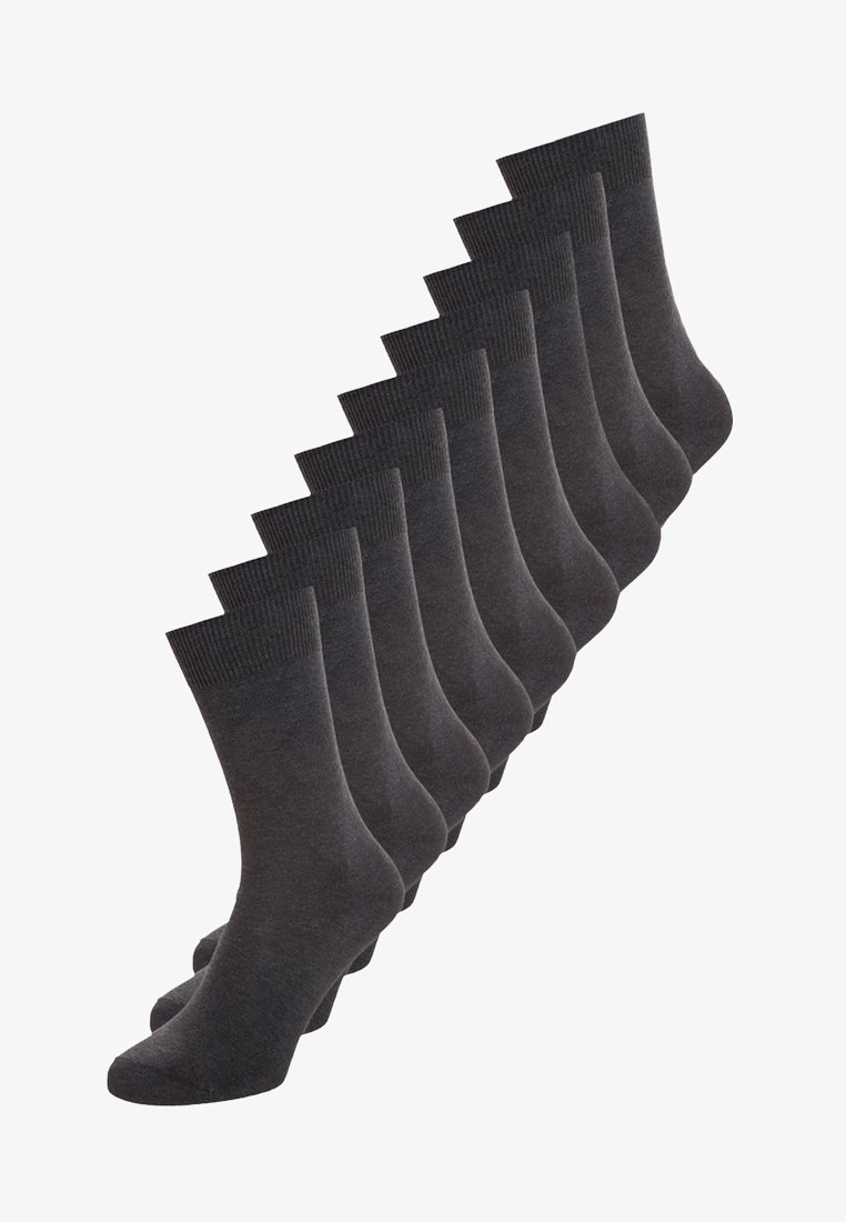 Dark gray crew socks in a pack of ten. Made of a smooth, stretchy material with ribbed cuffs and a seamless toe design.