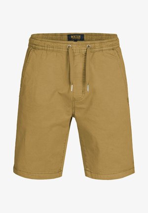 Shorts marron clair en mélange de coton, dotés d'une taille élastique, d'une fermeture à cordon et de poches latérales. Ourlet simple cousu.