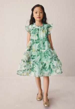 Junges Mädchen trägt ein grünes Blumenkleid mit Rüschen und goldene Schuhe und steht vor einem schlichten hellen Hintergrund.