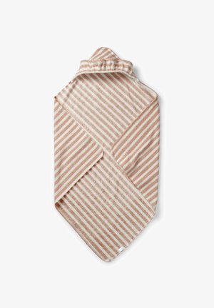 Stribet håndklædeomslag i blødt bomuld med skiftende lys beige og creme striber. Indeholder hætte og skræddersyede kanter for en tætsiddende pasform.