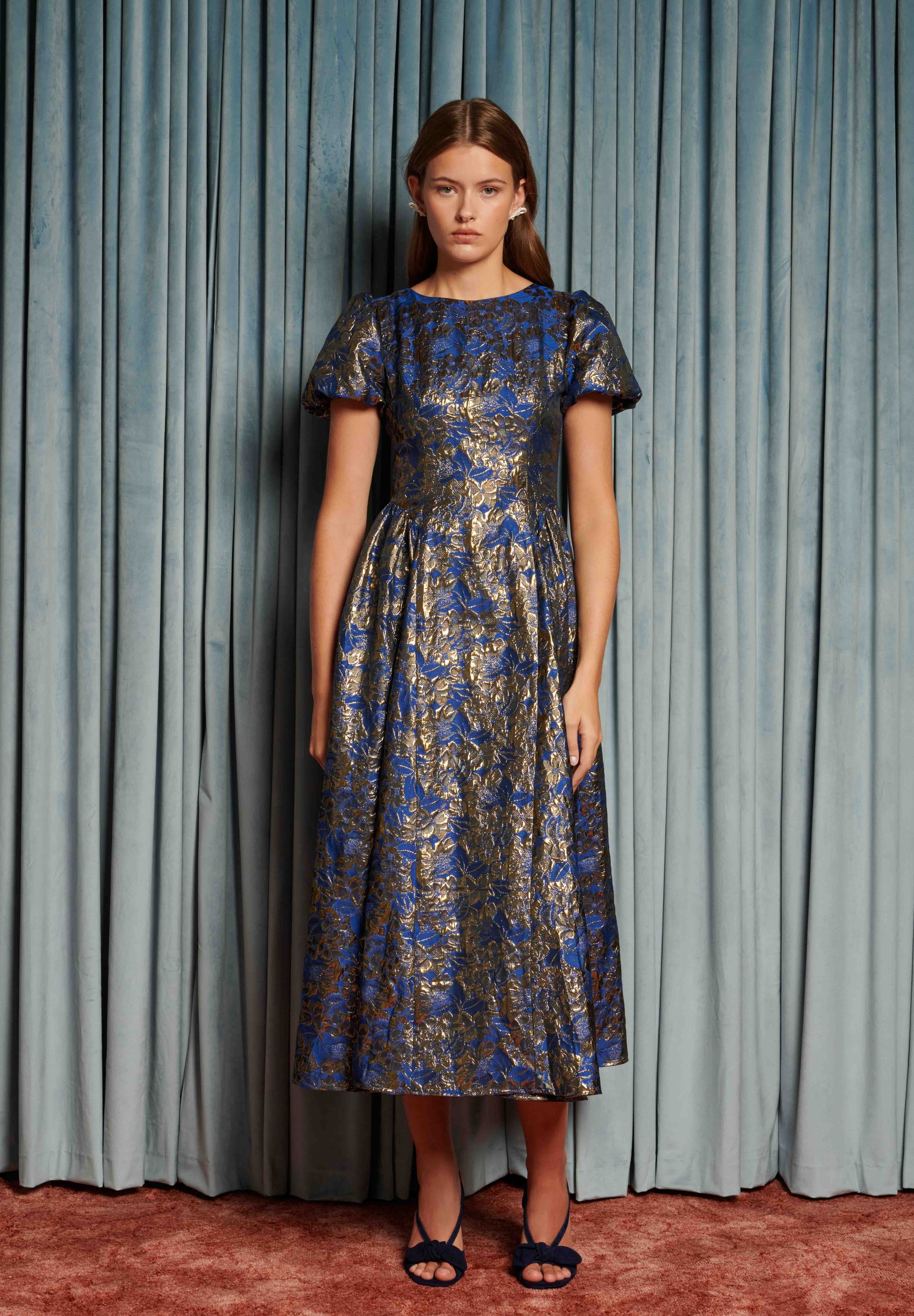 blue and gold midi dress Lena Tiered Midi Dress — Navy & Gold Floral