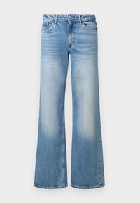 Svetlo modri kavbojasti široki hlače s postopnim videzom, visokim pasom in petimi žepi, z gumbom in zadrgo.