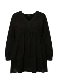 Zwarte blouse met lange mouwen en V-hals, een gestructureerde stof, decoratieve stiksel op de halslijn en een vloeiende, gelaagde ontwerp.