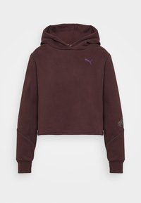 Bordeaux kleurige cropped hoodie met een paarse Puma-logo. Kenmerkt zich door lange mouwen, een trekkoordcapuchon en een subtiele zijnaaddetail. Zachte stoftextuur.
