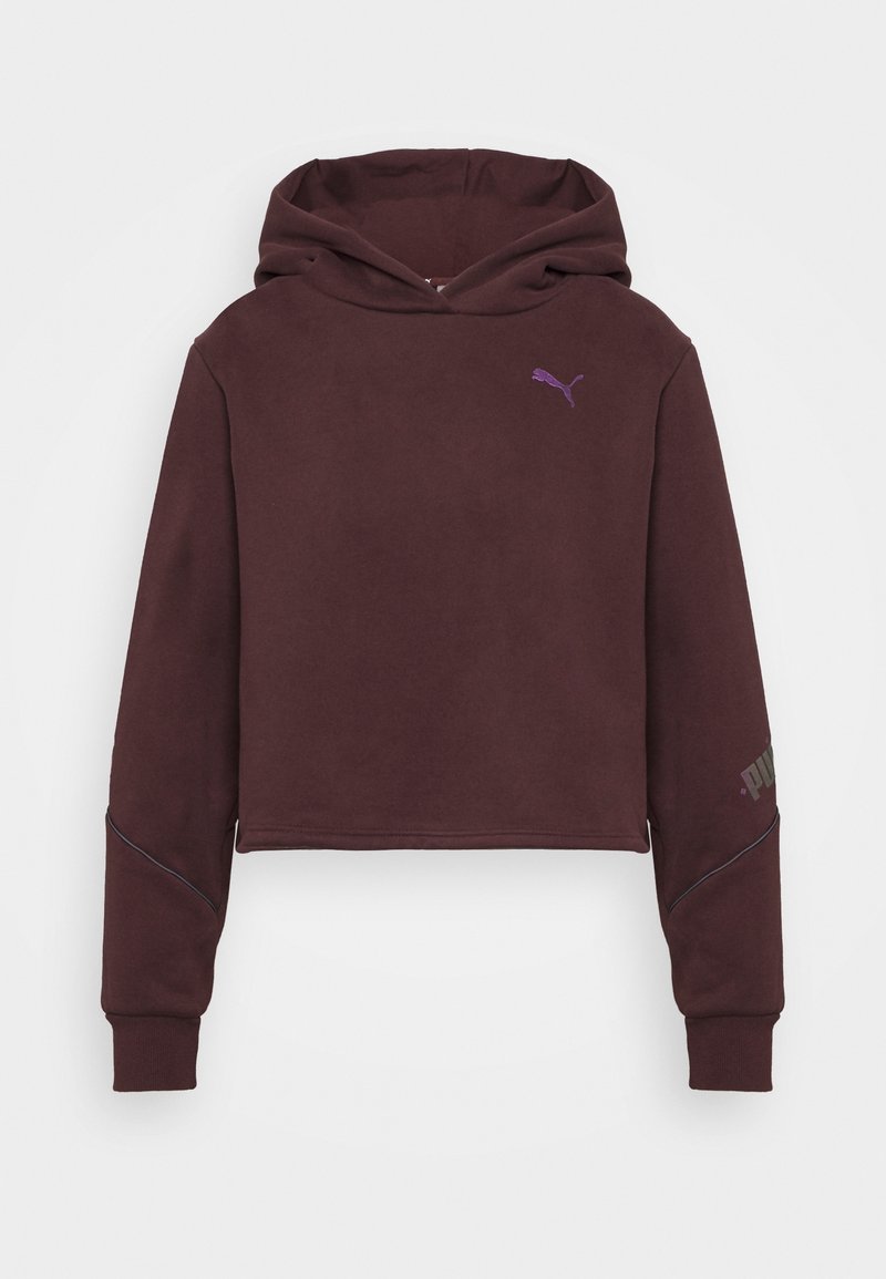 Bordeaux kleurige cropped hoodie met een paarse Puma-logo. Kenmerkt zich door lange mouwen, een trekkoordcapuchon en een subtiele zijnaaddetail. Zachte stoftextuur.