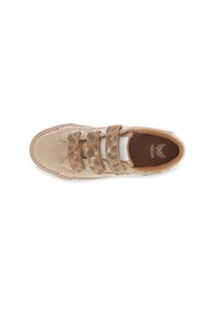 Beige sneaker with three brown velcro straps, smooth and textured materials, rounded toe, and a minimalistic design.