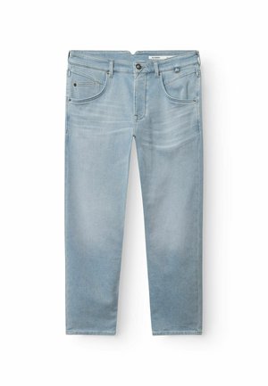 Hellblaue Jeans mit einem Fünf-Taschen-Design, gefertigt aus Denim-Stoff. Verfügt über einen vorderen Knopfverschluss und dezente Verblassung an den Beinen.