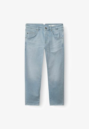 Jean bleu clair avec un design à cinq poches, fabriqué en tissu denim. Dispose d'une fermeture à boutons sur le devant et d'un léger effet délavé sur les jambes.