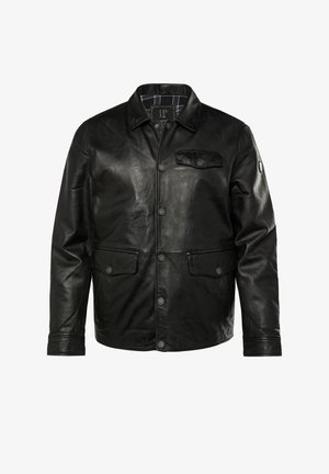 Zwarte leren jas met knoopsluiting, patchzak en zijzakken. Heeft een kraag en een gestructureerd oppervlak met een klassiek ontwerp.