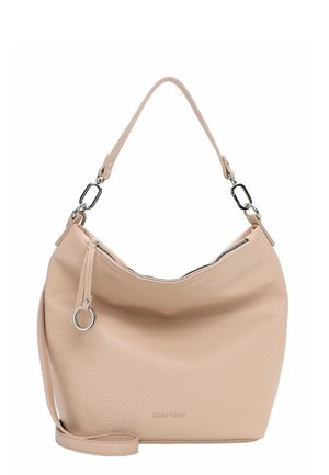 Borsa a tracolla in pelle beige con cerniera argentata, cursore a forma di anello, tracolla staccabile e sottile logo del marchio impresso sul davanti.