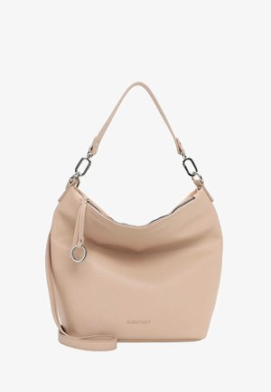 Borsa a tracolla in pelle beige con cerniera argentata, cursore a forma di anello, tracolla staccabile e sottile logo del marchio impresso sul davanti.