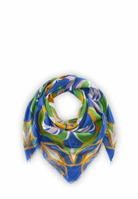 Écharpe bleue avec un motif floral en vert, rose et orange. Tissu doux, forme triangulaire et bords effilochés.