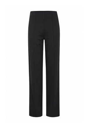 Pantalons noirs ajustés avec une taille haute, des jambes droites, et un tissu lisse et extensible avec des coutures frontales subtiles.