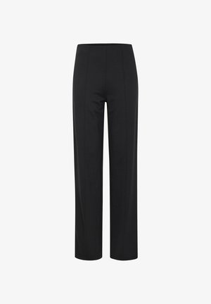 Mustad kohandatud püksid, millel on kõrge värv, sirged sääred ja sujuv, veniv kude, millel on peened esiseemed.