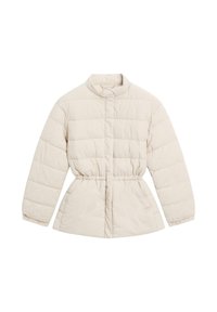 Veste matelassée beige clair avec taille élastique, col montant, manches longues et fermeture à boutons pression sur le devant.