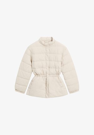 Veste matelassée beige clair avec taille élastique, col montant, manches longues et fermeture à boutons pression sur le devant.