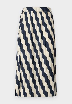 Fustă plisată în crem și bleumarin, cu un model în diamant. Talie elastică și material ușor crează o siluetă fluidă.