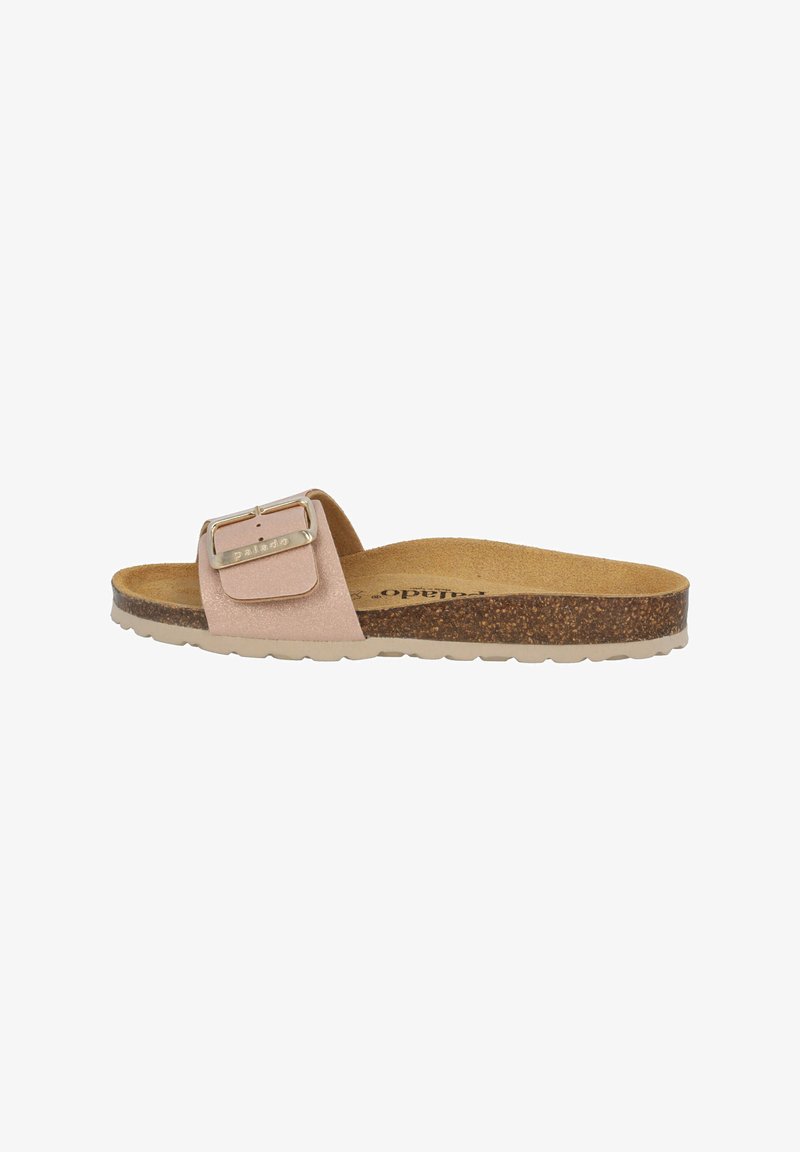 Roze suede slipper sandaal met een bandje met een metalen gespsluiting. Kurken en rubberen zool met een gestructureerde afwerking. Vlak ontwerp, open teen.