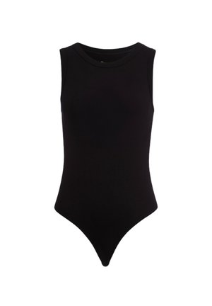 Body nero a costine con design senza maniche, scollatura rotonda e gamba alta. Texture liscia e estetica minimalista.