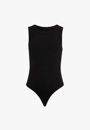 Zwart geribbeld bodysuit met een mouwloos ontwerp, ronde halslijn en een hoge snit bij de benen. Soepele textuur en minimalistische esthetiek.