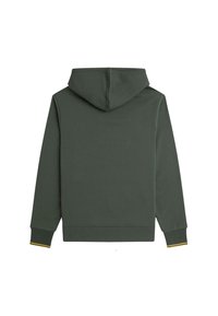 Felpa con cappuccio di un verde scuro, con una texture liscia, polsini e orlo a coste. Presenta un design monocromatico senza loghi o motivi visibili.