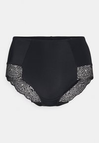 High-waisted black underwear made of smooth fabric with decorative black lace trim featuring a geometric pattern on the sides.