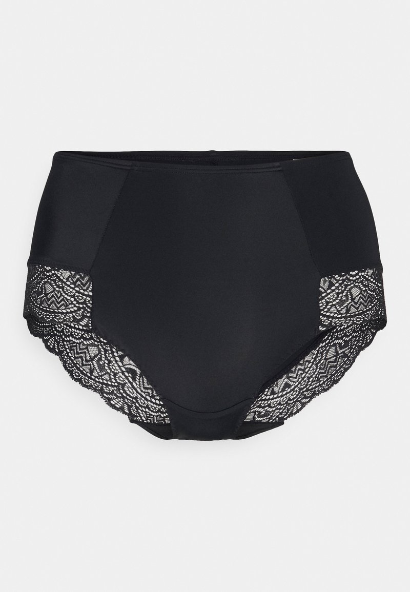 High-waisted black underwear made of smooth fabric with decorative black lace trim featuring a geometric pattern on the sides.