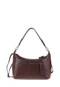 Borsa a spalla in pelle marrone con finitura testurizzata, tasca con zip sul davanti e due opzioni di trasporto: manico superiore e tracolla rimovibile.