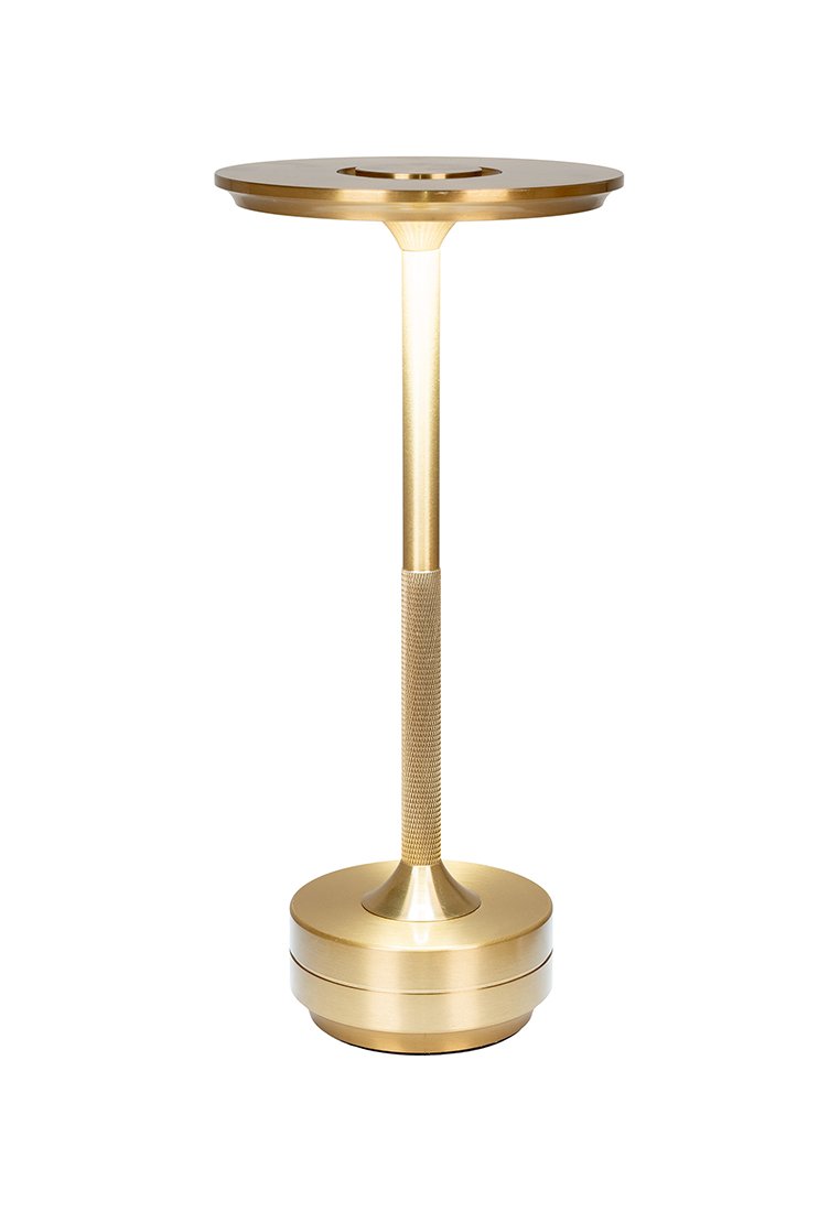 Goldene Metall-Tischlampe mit einem runden Schirm, einem strukturierten Griff am Stiel und einer runden Basis. Die Oberfläche ist glatt und reflektierend.