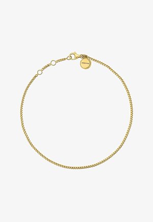 Pulsera de cadena de oro con eslabones entrelazados, que presenta un cierre de langosta y una pequeña etiqueta redonda con la marca en relieve. Textura suave, color uniforme.