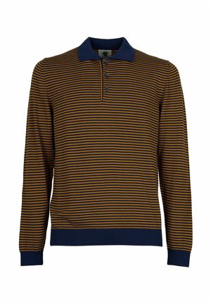 Polo a maniche lunghe a righe in giallo senape e blu navy. Presenta un colletto, una chiusura a tre bottoni e polsini a coste. Tessuto a maglia morbido.