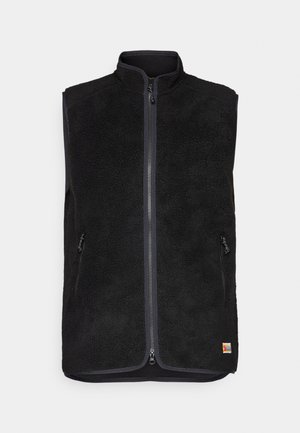 Black fleece vest with a high collar, front zipper, and two side pockets. Textured fabric with a smooth trim accent.